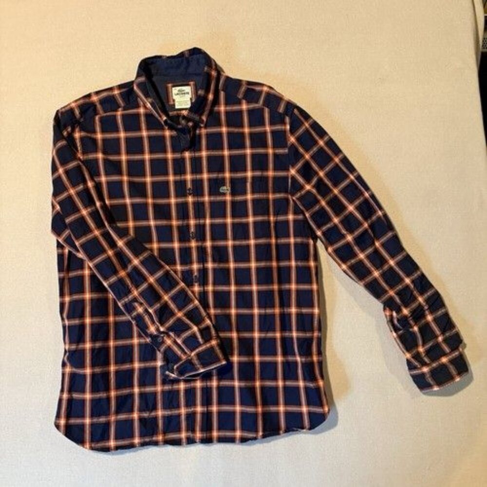 Lacoste Mens Size 44 USL Blue Orange Plaid Slim Fit Button Up Shirt Long Sleeve